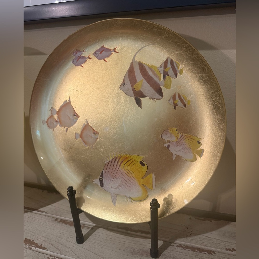 Large Gold Decorative Plate with Fish Design and Plate Stand